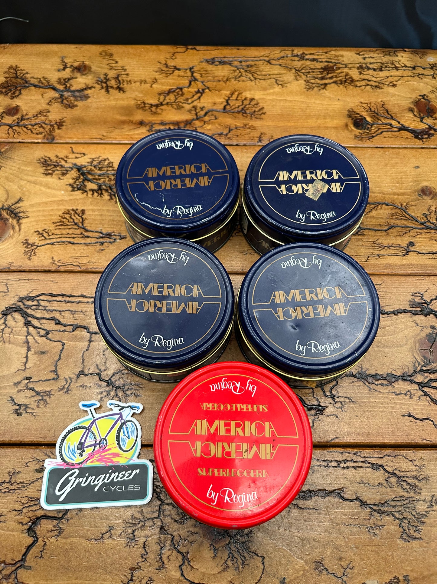 Set of 5 Regina America Freewheel Empty Tins